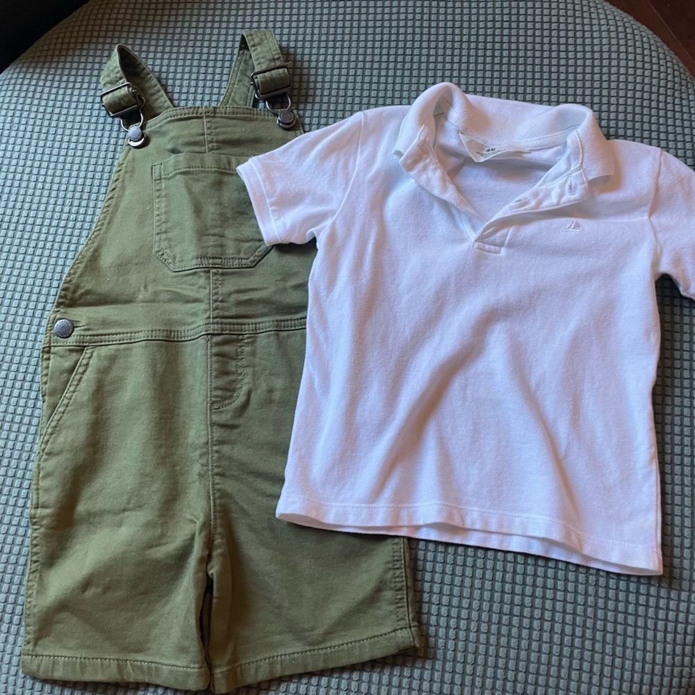 Kids Olive Green Overalls and White Polo Set